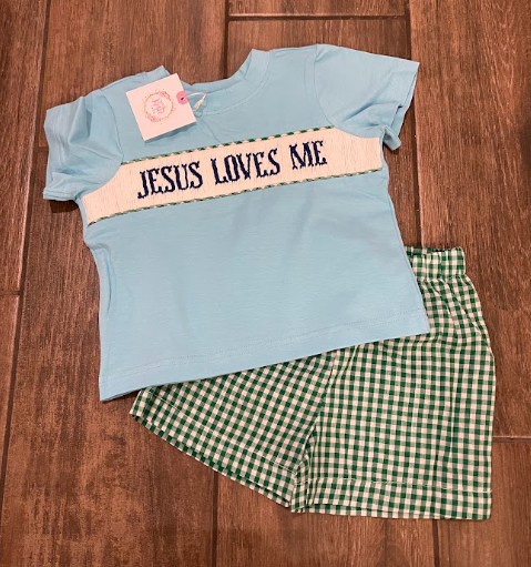 Jesus Loves Me Smock Boy 2 piece set