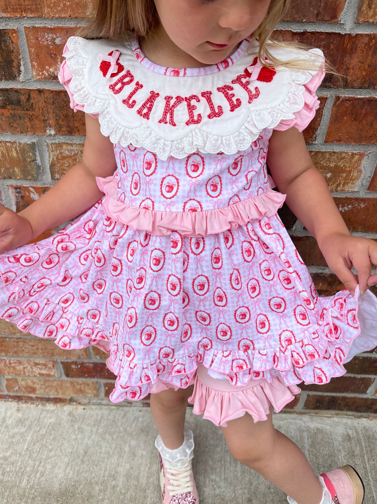 *PRE ORDER* Beaded Apples & Bows Ruffle Bottom Short Set