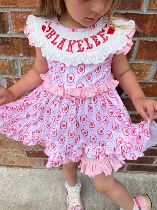 *PRE ORDER* Beaded Apples & Bows Ruffle Bottom Short Set